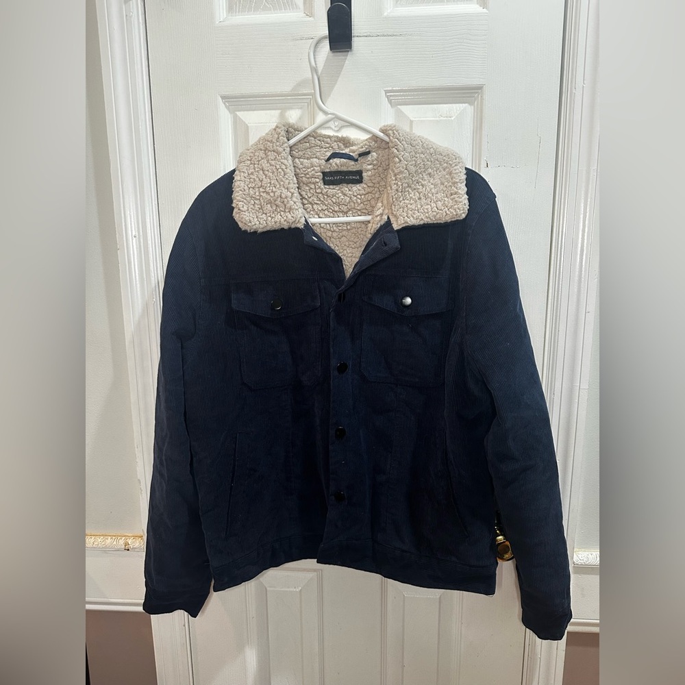 Saks Fifth Avenue Men’s Navy Corduroy Trucker Jacket Faux Shearling Lining Med